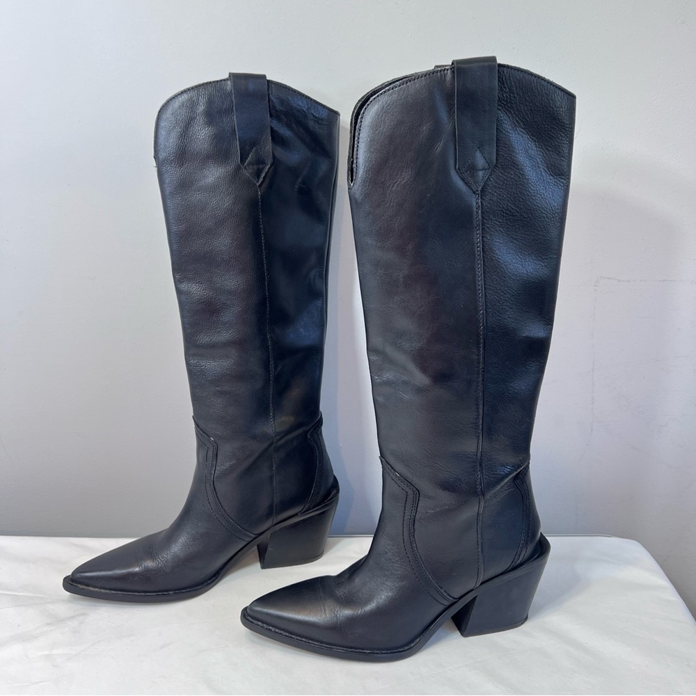 Mango black leather knee high block heel cowgirl boots size 37
